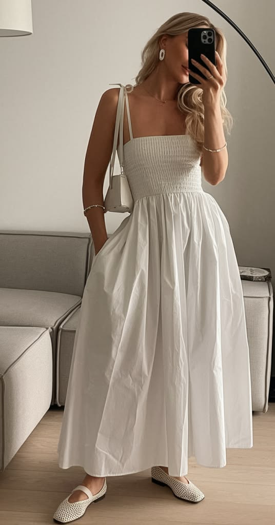 Mulher loira, de p&eacute;, tirando uma selfie no espelho, usando um vestido midi branco com corpete franzido e saia ampla, sapatilhas brancas tran&ccedil;adas e bolsa de ombro branca. Ela tem uma das m&atilde;os no bolso do vestido. Ao fundo, um sof&aacute; cinza e um piso de madeira clara