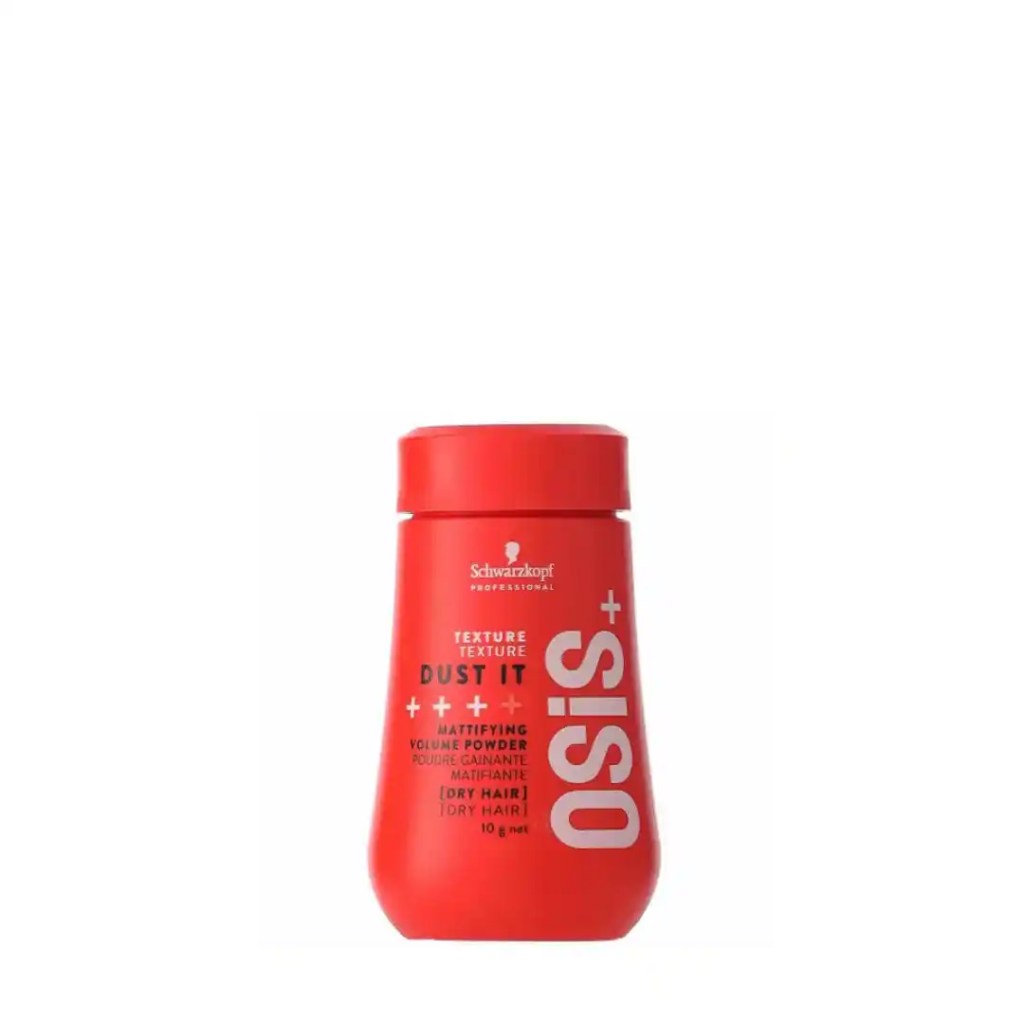 Frasco vermelho de Schwarzkopf Professional OSiS+ Dust It, p&oacute; matificante para volume em cabelos secos, com tampa vermelha e detalhes em branco