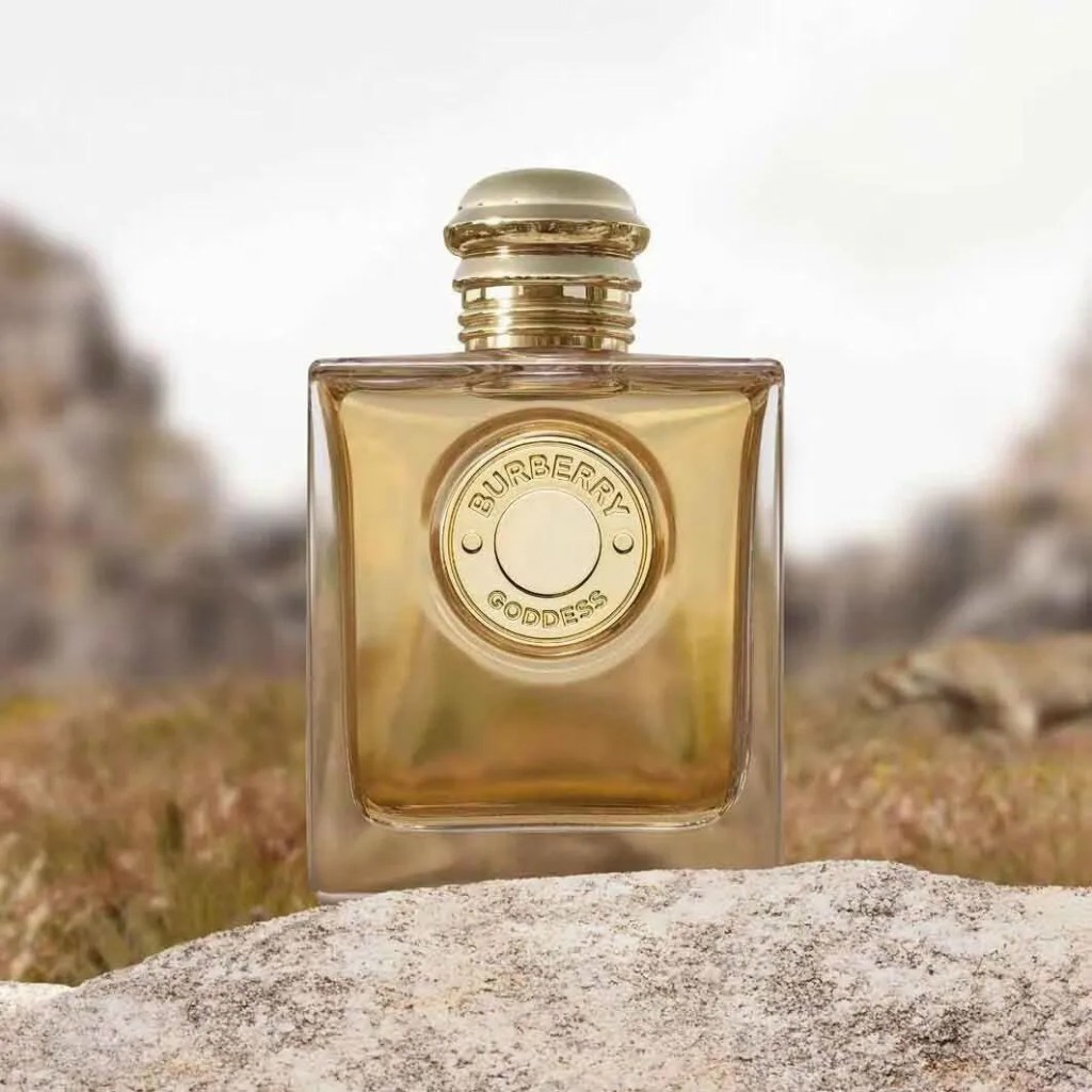 Frasco de perfume Burberry Goddess dourado com tampa met&aacute;lica, sobre uma rocha clara em paisagem &aacute;rida com vegeta&ccedil;&atilde;o seca e montanhas desfocadas ao fundo