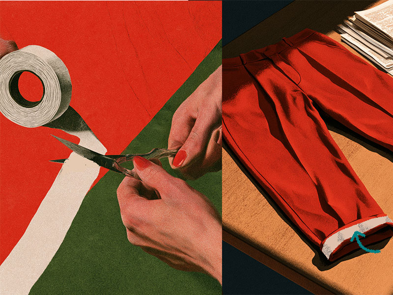 M&atilde;os femininas com unhas vermelhas cortam uma fita branca sobre fundo vermelho e verde; ao lado, uma cal&ccedil;a vermelha com a barra dobrada, revelando um forro branco e uma seta azul indicando a dobra
