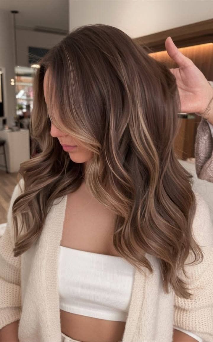 Mulher jovem com cabelos castanhos ondulados e mechas loiras, vestindo um top branco e um cardig&atilde; creme, com uma m&atilde;o tocando o cabelo