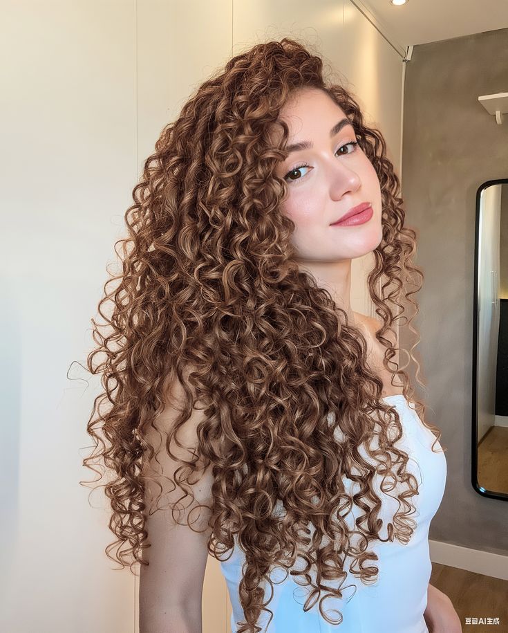 Mulher jovem com cabelos castanhos cacheados volumosos, maquiagem leve e batom rosa, vestindo blusa branca, olhando para a c&acirc;mera com um sorriso sutil