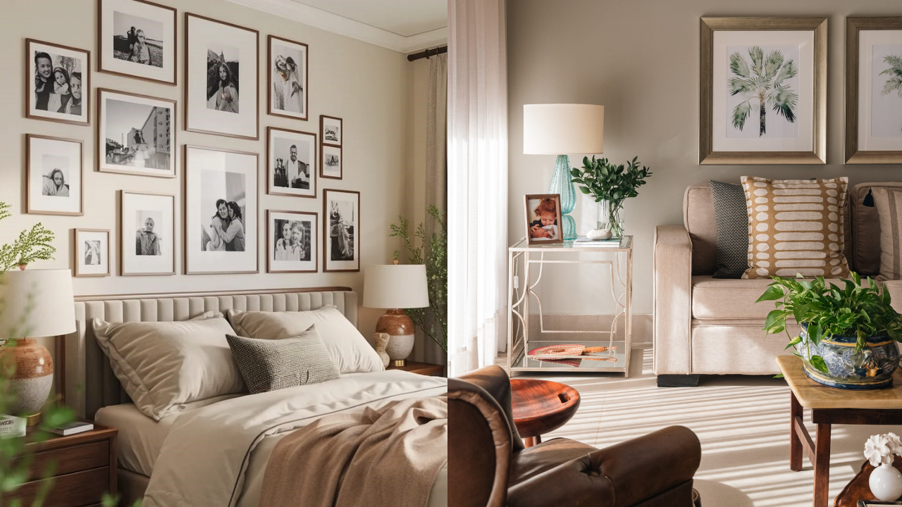 Quarto e sala de estar em tons neutros. No quarto, cama com cabeceira estofada e parede com galeria de fotos em preto e branco. Na sala, sofá bege com almofadas, mesa lateral com abajur e poltrona de couro marrom. Plantas verdes decoram ambos os ambientes