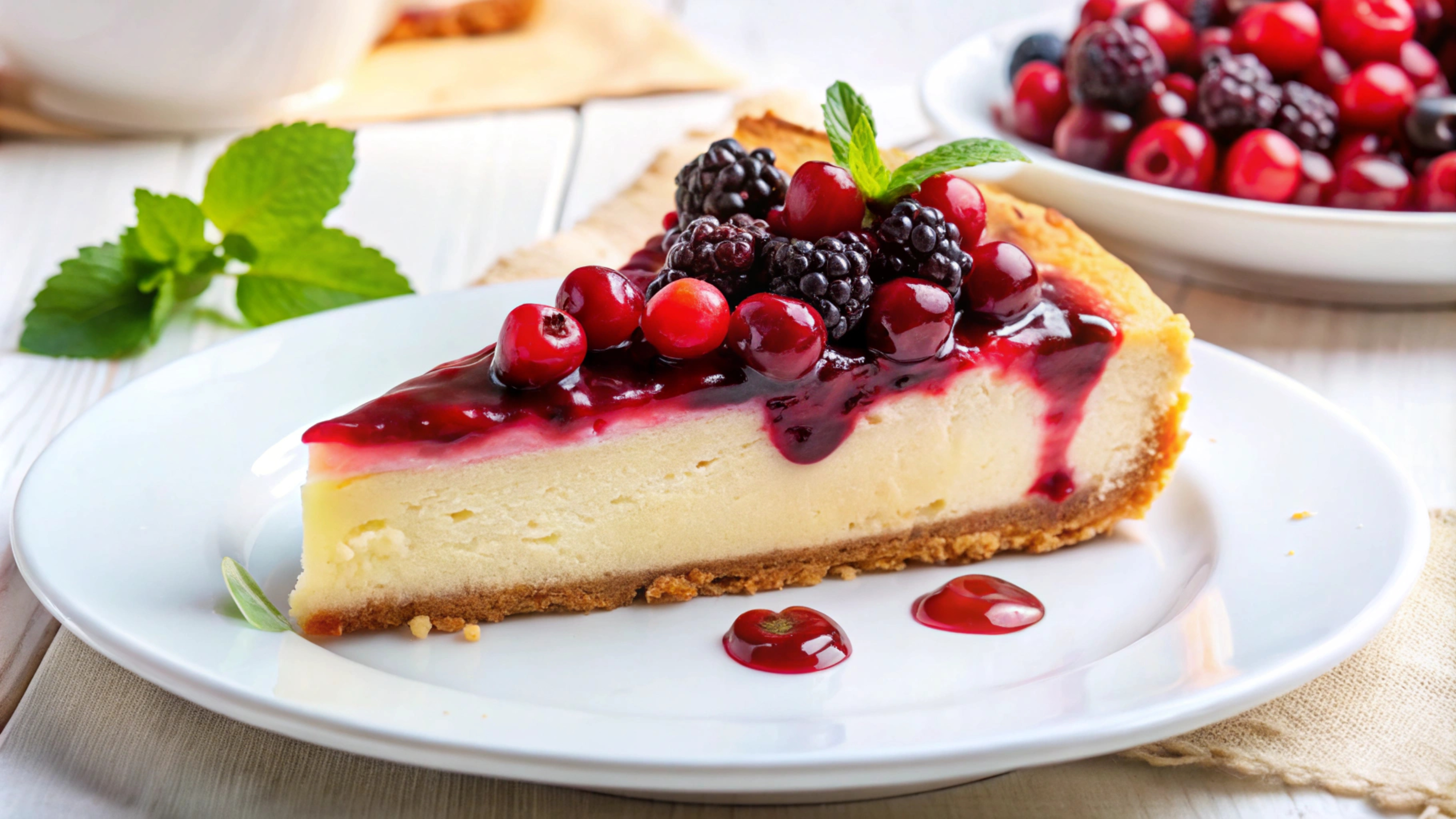 Fatia de cheesecake com base de biscoito, coberta por calda vermelha escorrendo e frutas frescas: amoras, cerejas e uma folha de hortel&atilde;. Gotas de calda no prato branco, com tigela de frutas ao fundo