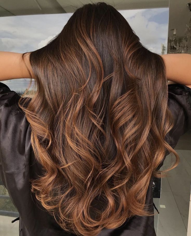 Cabelo longo e ondulado de uma mulher, visto de costas, com mechas castanhas escuras e tons acobreados mais claros, brilhantes e bem cuidados