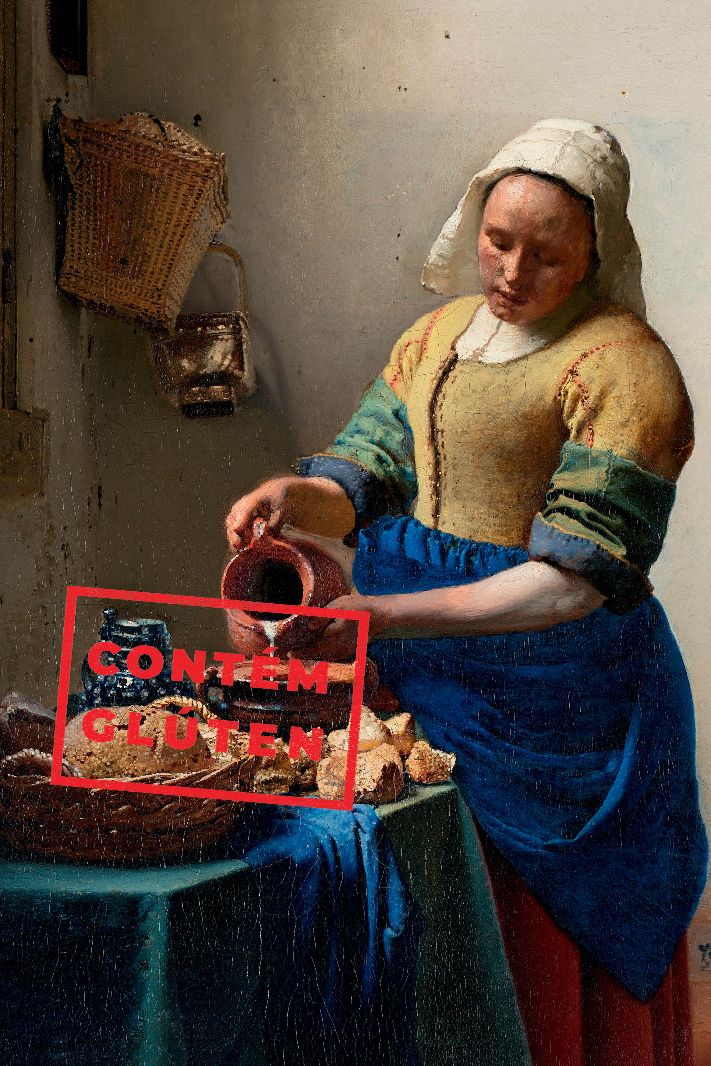 Pintura de mulher camponesa derramando leite de uma jarra de barro em uma tigela, com p&atilde;es em uma cesta e a frase CONT&Eacute;M GL&Uacute;TEN em vermelho sobreposta