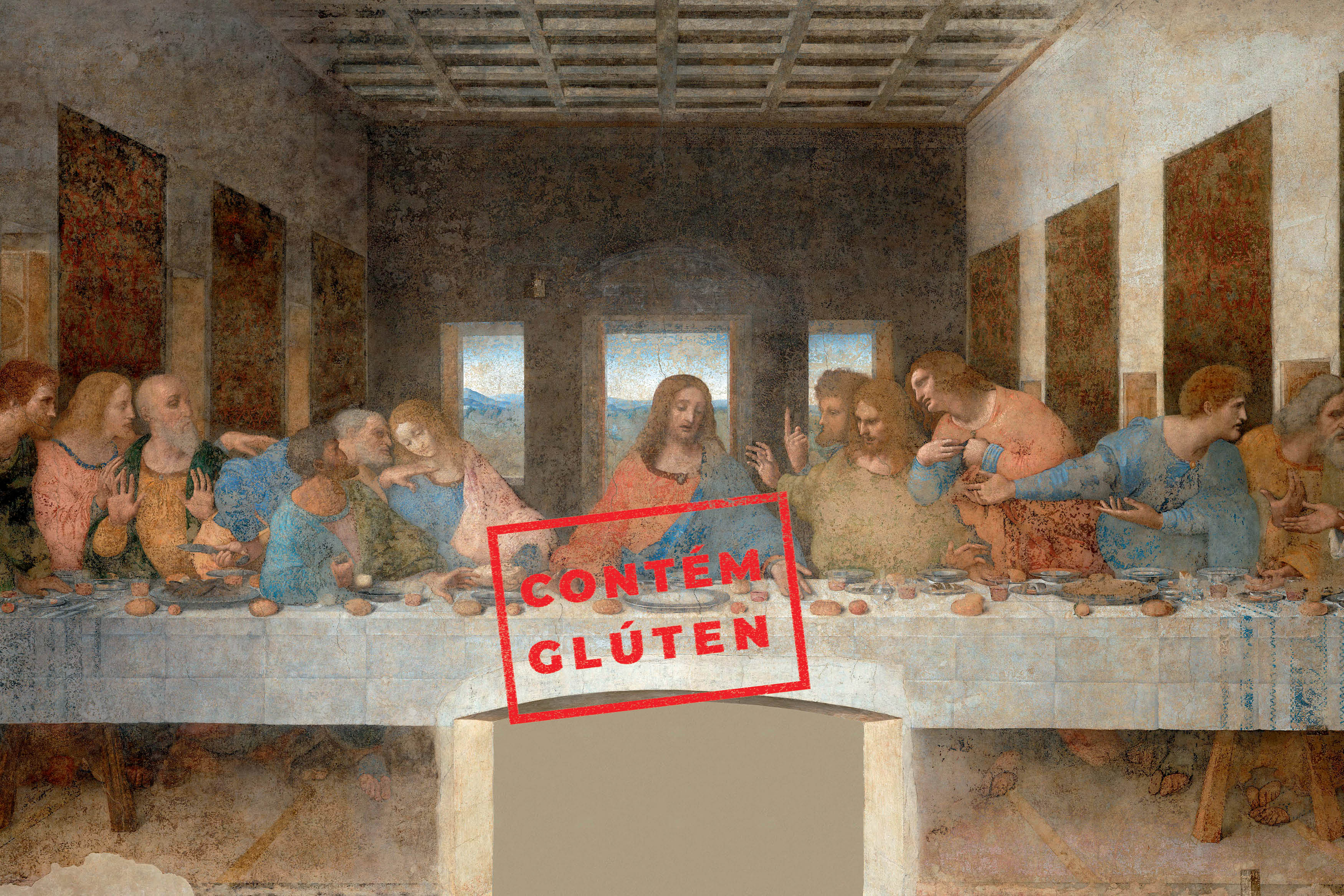 Pintura A &Uacute;ltima Ceia de Leonardo da Vinci, com Jesus e os ap&oacute;stolos &agrave; mesa. Sobre a imagem, um carimbo vermelho com a frase CONT&Eacute;M GL&Uacute;TEN