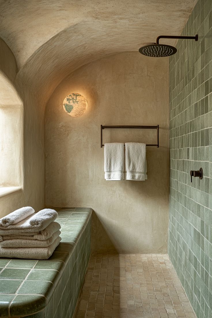 Banheiro com teto abobadado e paredes de cimento queimado bege. &Agrave; esquerda, uma janela estreita e um banco revestido com azulejos verdes. Sobre o banco, toalhas brancas empilhadas. No centro, uma lumin&aacute;ria redonda em formato de globo terrestre iluminada. &Agrave; direita, uma parede de azulejos verdes e um chuveiro de teto escuro.