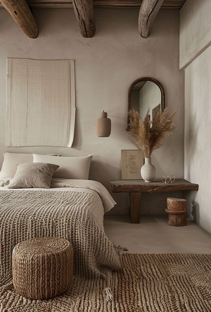 Quarto com decora&ccedil;&atilde;o r&uacute;stica em tons neutros. Uma cama com len&ccedil;&oacute;is claros e manta de tric&ocirc; bege, um pufe de fibra natural, um tapete de juta, uma mesa de cabeceira de madeira bruta com vaso de cer&acirc;mica e espelho arqueado. No teto, vigas de madeira expostas