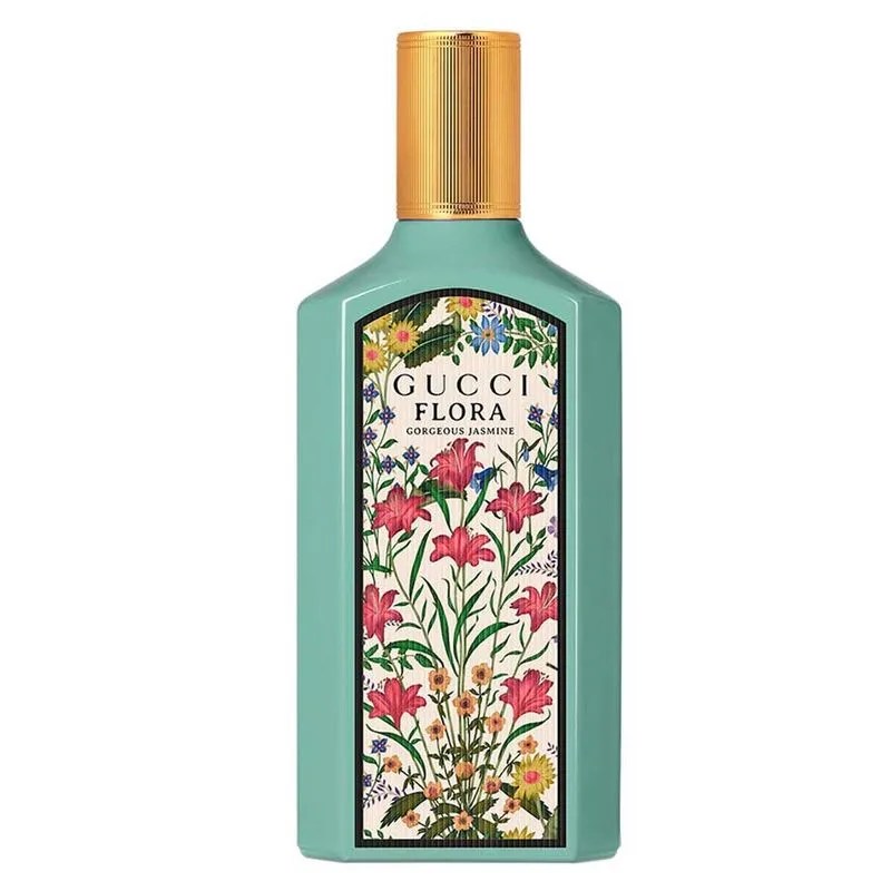 Frasco de perfume Gucci Flora Gorgeous Jasmine, verde-&aacute;gua com tampa dourada. O r&oacute;tulo central tem fundo creme e estampa floral com l&iacute;rios rosa, flores azuis e amarelas, e folhagens verdes. O texto GUCCI FLORA GORGEOUS JASMINE aparece em preto no r&oacute;tulo