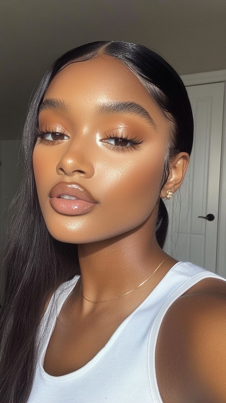 Mulher negra com maquiagem natural e iluminada, l&aacute;bios com gloss, cabelo preto liso dividido ao meio e preso em rabo de cavalo baixo, vestindo regata branca e colar dourado fino