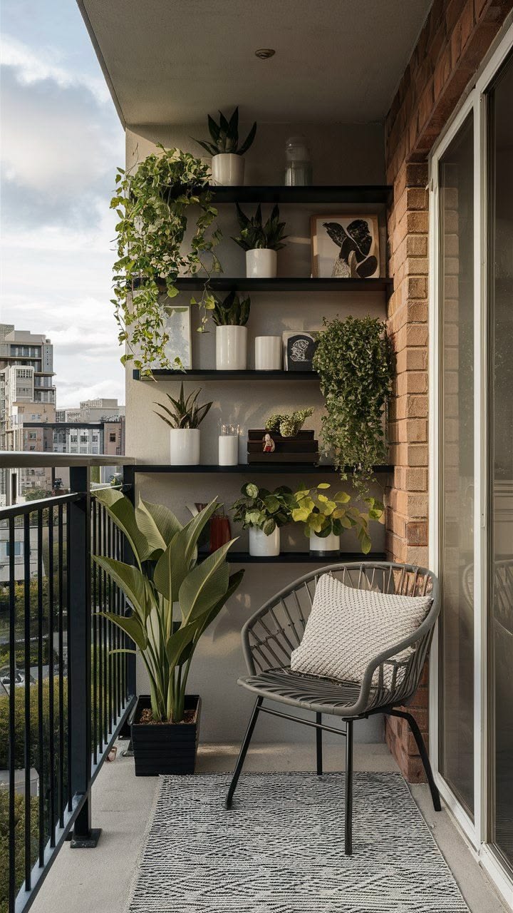 Varanda decorada com prateleiras pretas repletas de plantas verdes em vasos brancos, uma cadeira cinza com almofada clara sobre um tapete estampado, e um vaso grande no ch&atilde;o. Ao fundo, pr&eacute;dios e c&eacute;u nublado