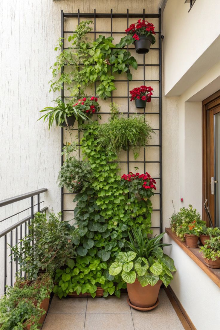 Um jardim vertical em uma varanda, com trepadeiras verdes e vasos de flores vermelhas pendurados em uma treli&ccedil;a preta. Outros vasos de plantas est&atilde;o no ch&atilde;o e em uma prateleira de madeira, ao lado de uma porta de vidro e um corrim&atilde;o met&aacute;lico.