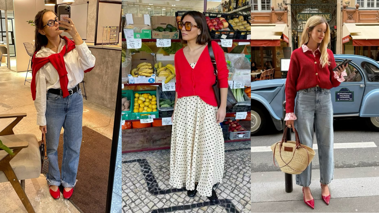Três mulheres exibindo looks com peças vermelhas. A primeira, de óculos, camisa branca, jeans e suéter vermelho nos ombros, tira selfie. A segunda, de óculos de sol, cardigã vermelho e saia de bolinhas, está em frente a uma barraca de frutas. A terceira, de cardigã vermelho, blusa estampada, jeans e bolsa de palha, olha o celular na rua com um carro azul ao fundo