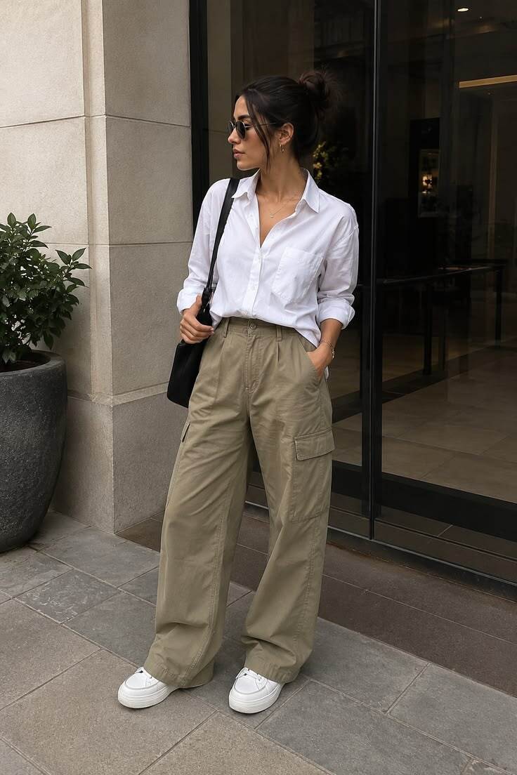 Mulher com coque alto, &oacute;culos escuros e camisa branca folgada, cal&ccedil;a cargo c&aacute;qui e t&ecirc;nis brancos, posando com a m&atilde;o no bolso e bolsa preta no ombro, em frente a uma fachada moderna com vaso de planta e porta de vidro