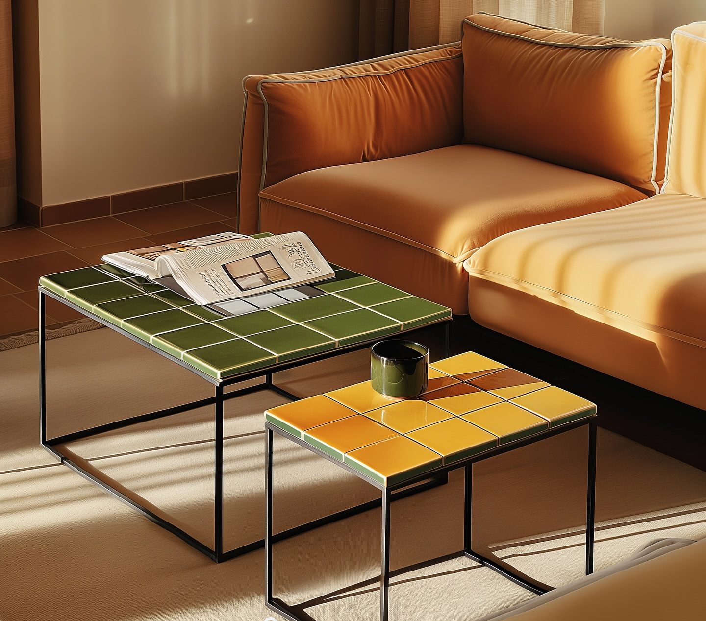 Duas mesas de centro quadradas com tampos de azulejos, uma verde e outra amarela, sobre um tapete claro, ao lado de um sof&aacute; laranja. A mesa verde tem uma revista aberta, e a amarela, um copo escuro. A luz do sol incide sobre o sof&aacute; e o tapete