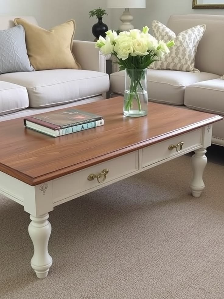 Mesa de centro retangular com tampo de madeira marrom e base branca, com duas gavetas e puxadores dourados. Sobre ela, dois livros e um vaso de vidro com flores brancas. Ao fundo, um sof&aacute; bege com almofadas claras e um tapete felpudo bege no ch&atilde;o