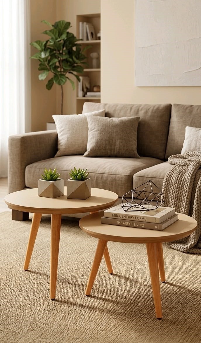 Sala de estar com sof&aacute; bege, almofadas claras e manta de tric&ocirc;. Duas mesas de centro redondas de madeira clara exibem vasos de suculentas, livros e um objeto decorativo geom&eacute;trico. Um tapete de sisal cobre o ch&atilde;o, e uma planta grande e uma estante com livros decoram o fundo