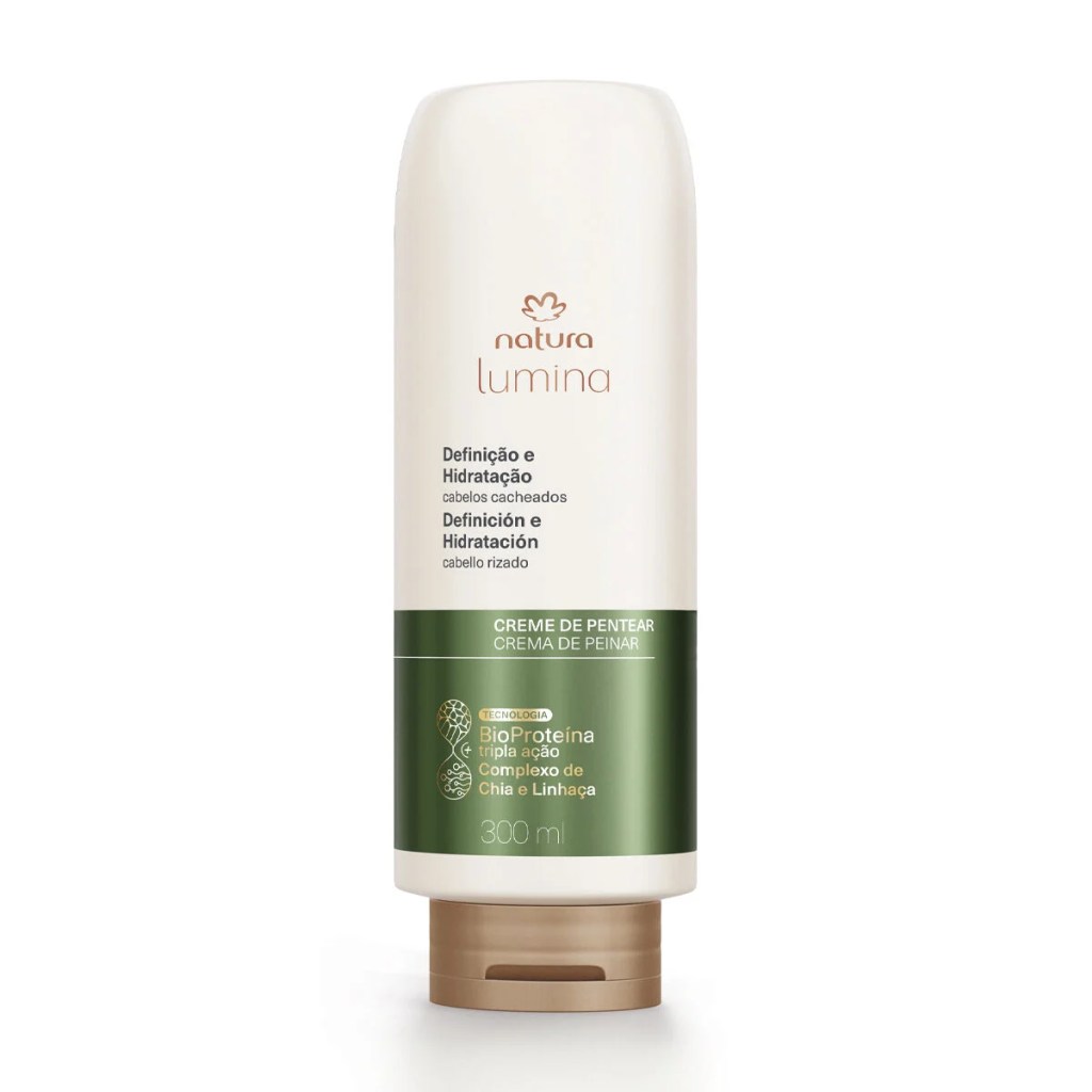 Frasco branco e verde-escuro de creme de pentear Natura Lumina para cabelos cacheados, com 300 ml, contendo BioProte&iacute;na e Complexo de Chia e Linha&ccedil;a