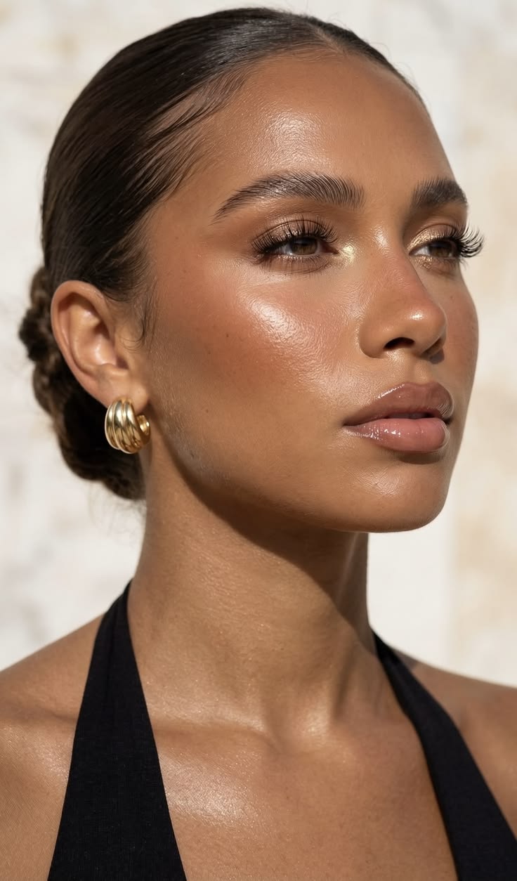 Close-up de uma mulher com pele bronzeada, cabelo preso em coque baixo e maquiagem iluminada. Ela usa brincos de argola dourados e um top preto de al&ccedil;as finas. O rosto est&aacute; virado para a direita, com olhos levemente fechados e l&aacute;bios brilhantes. A luz incide no lado direito do rosto, real&ccedil;ando o brilho da pele e da maquiagem