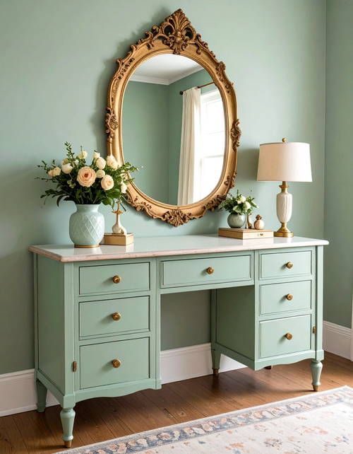 Penteadeira verde-clara com tampo de m&aacute;rmore, gavetas com puxadores dourados, espelho oval com moldura ornamentada dourada, vaso de flores e abajur branco
