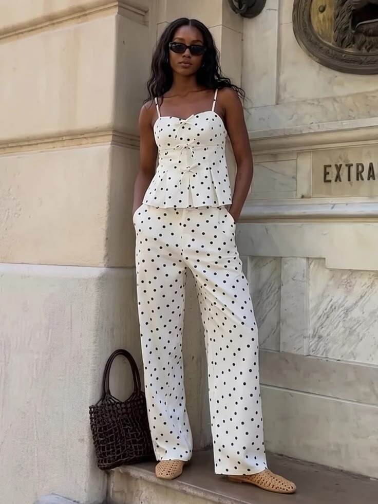 Mulher negra de cabelos longos e &oacute;culos escuros, vestindo conjunto branco de bolinhas pretas, blusa de al&ccedil;as finas e cal&ccedil;a pantalona, posa com as m&atilde;os nos bolsos em frente a uma parede de m&aacute;rmore claro. Uma bolsa de palha escura est&aacute; no ch&atilde;o ao lado dela