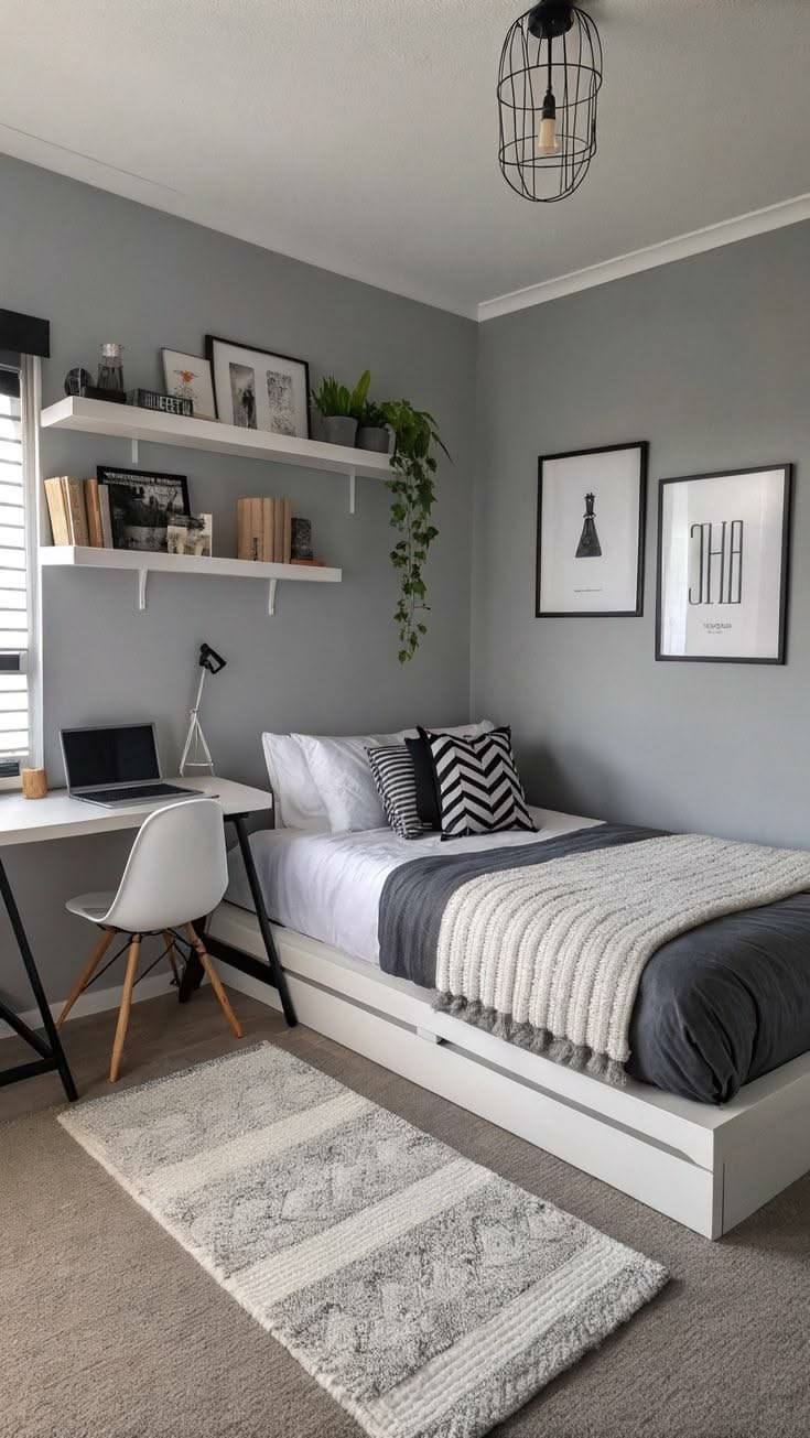 Quarto moderno com paredes cinza, cama de solteiro branca com roupa de cama cinza e branca, almofadas listradas e em zigue-zague. &Agrave; esquerda, escrivaninha branca com notebook, cadeira e prateleiras com livros e plantas. Duas molduras pretas decoram a parede direita, e um tapete cinza e branco est&aacute; no ch&atilde;o