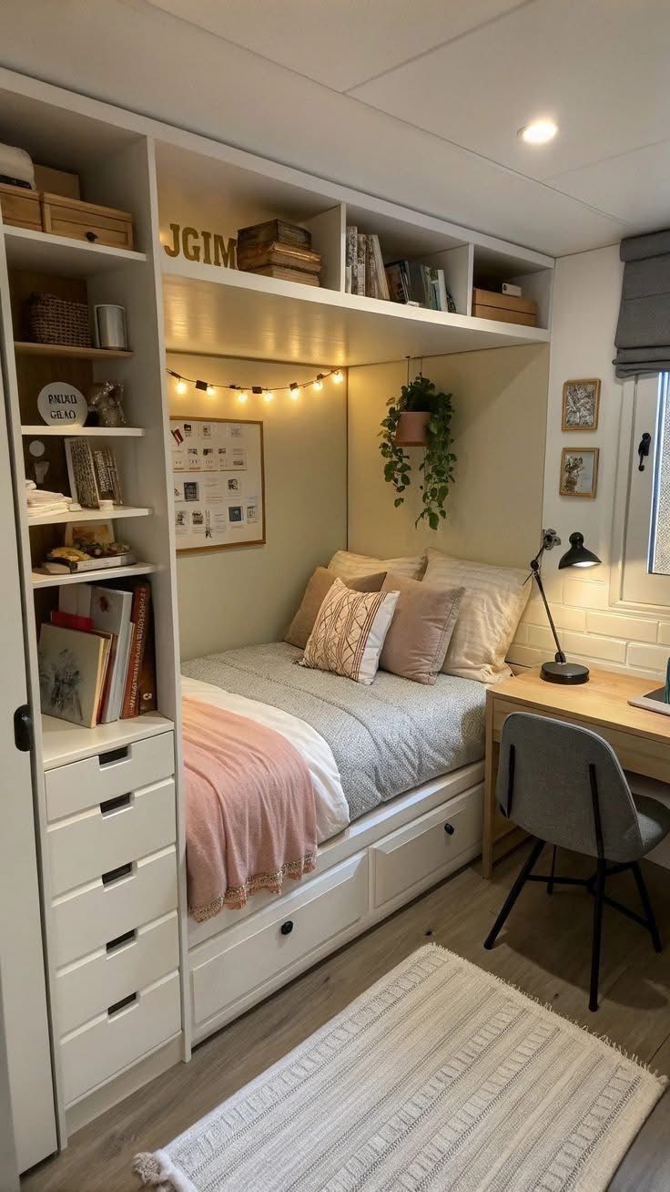 Quarto pequeno e aconchegante com cama de solteiro, prateleiras brancas cheias de livros e objetos decorativos, e uma escrivaninha de madeira com lumin&aacute;ria preta. A cama tem len&ccedil;&oacute;is cinza e uma manta rosa, com almofadas em tons terrosos. Uma guirlanda de luzes ilumina a parede acima da cama, e um tapete claro com textura cobre parte do ch&atilde;o de madeira. Uma planta pendurada e quadros pequenos decoram a parede ao lado da janela.