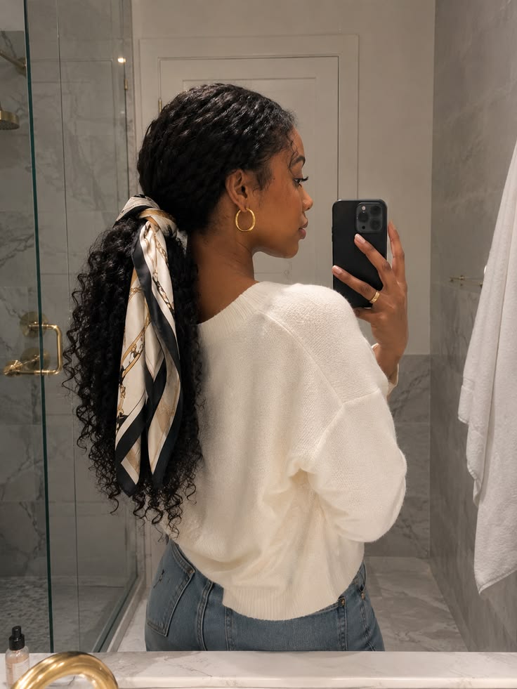 Mulher de pele escura, de perfil, com cabelo cacheado preso em rabo de cavalo com um len&ccedil;o estampado. Ela veste um su&eacute;ter creme e cal&ccedil;a jeans, segurando um celular preto para tirar uma selfie no espelho de um banheiro moderno com detalhes dourados e m&aacute;rmore