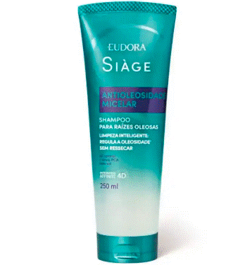Tubo de shampoo Eudora Si&agrave;ge Antioleosidade Micelar, para ra&iacute;zes oleosas, com limpeza inteligente que regula a oleosidade sem ressecar. A embalagem verde-&aacute;gua e branca cont&eacute;m 250 ml