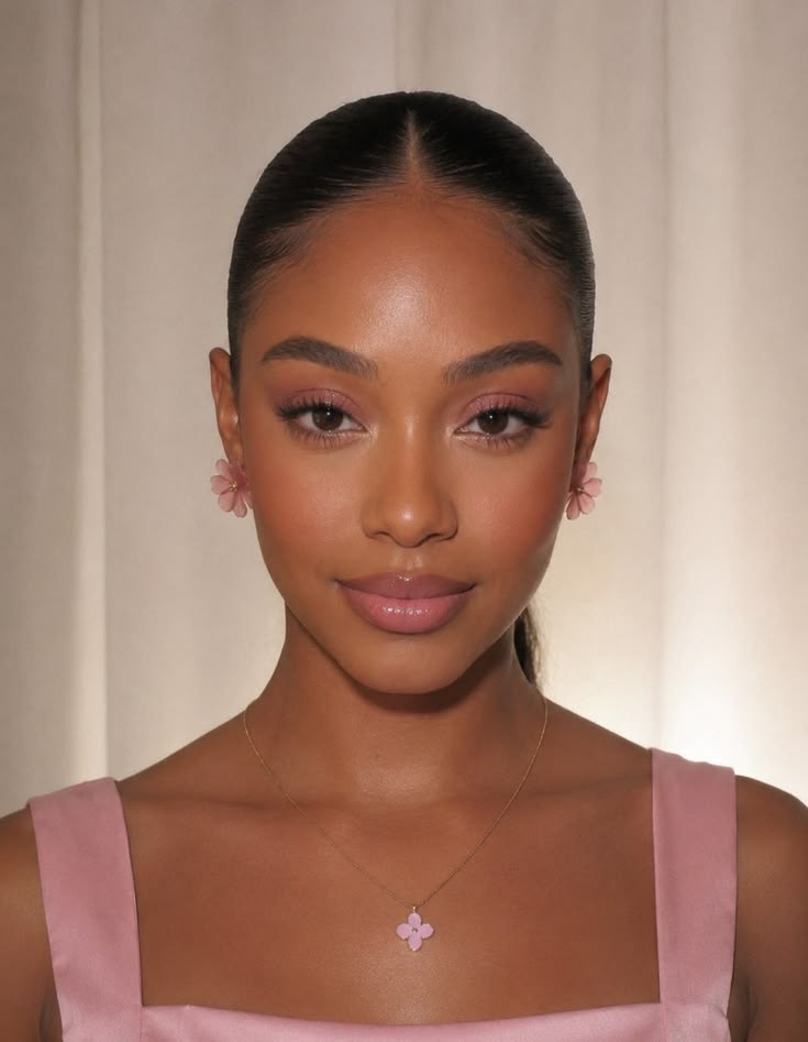Mulher jovem de pele morena, cabelo escuro preso em rabo de cavalo, maquiagem rosa e batom nude. Veste blusa rosa, brincos de flor rosa e colar dourado com pingente de flor rosa