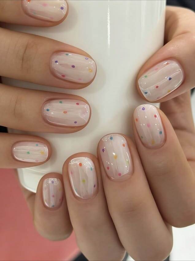 M&atilde;os femininas segurando uma caneca branca, com unhas curtas e arredondadas pintadas em esmalte transparente com bolinhas coloridas aleat&oacute;rias