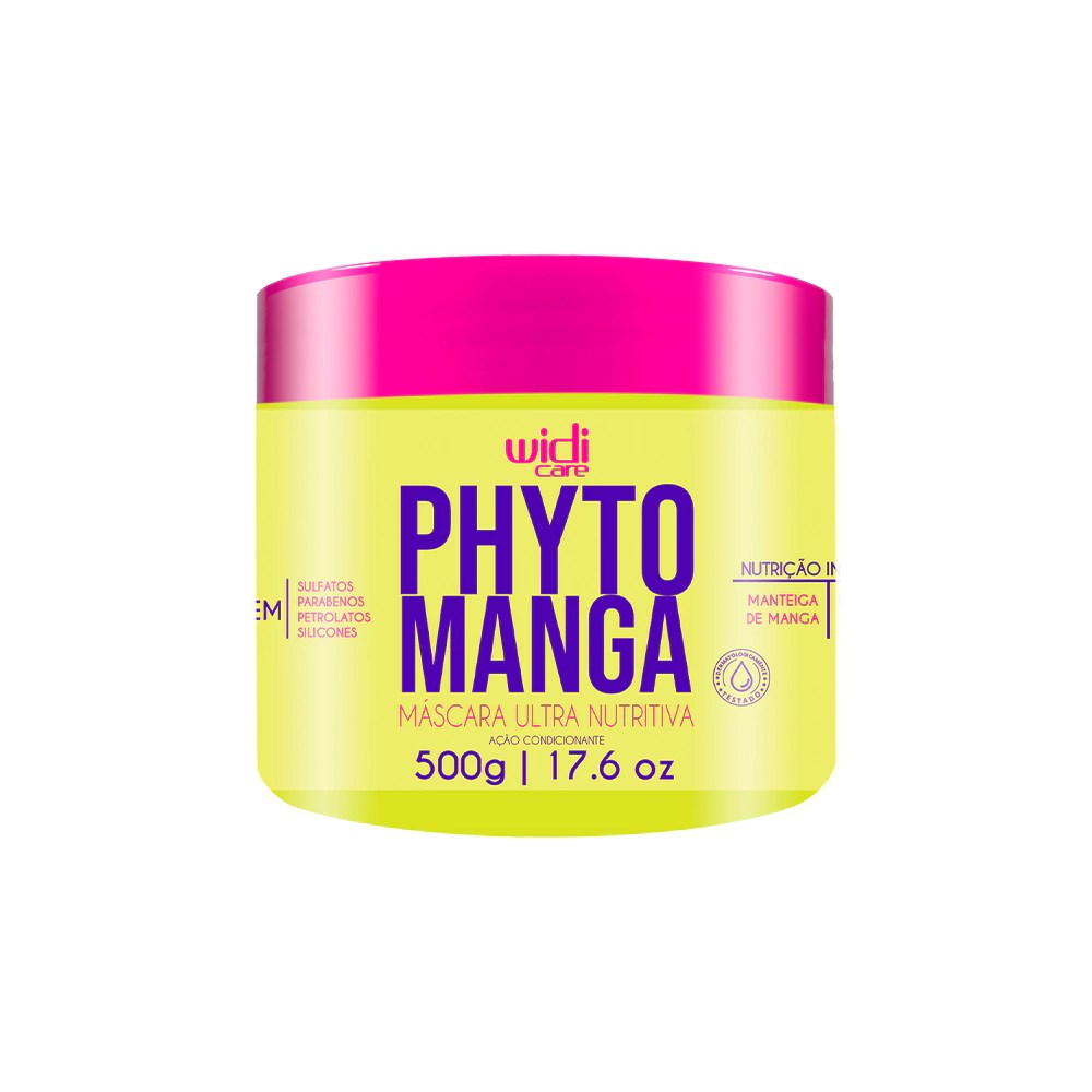 Pote amarelo-lim&atilde;o da m&aacute;scara capilar Widi Care Phyto Manga, com tampa rosa-choque. O r&oacute;tulo informa M&aacute;scara Ultra Nutritiva, 500g | 17.6 oz, Livre de Sulfatos, Parabenos, Petrolatos, Silicones e Nutri&ccedil;&atilde;o Intensa com Manteiga de Manga