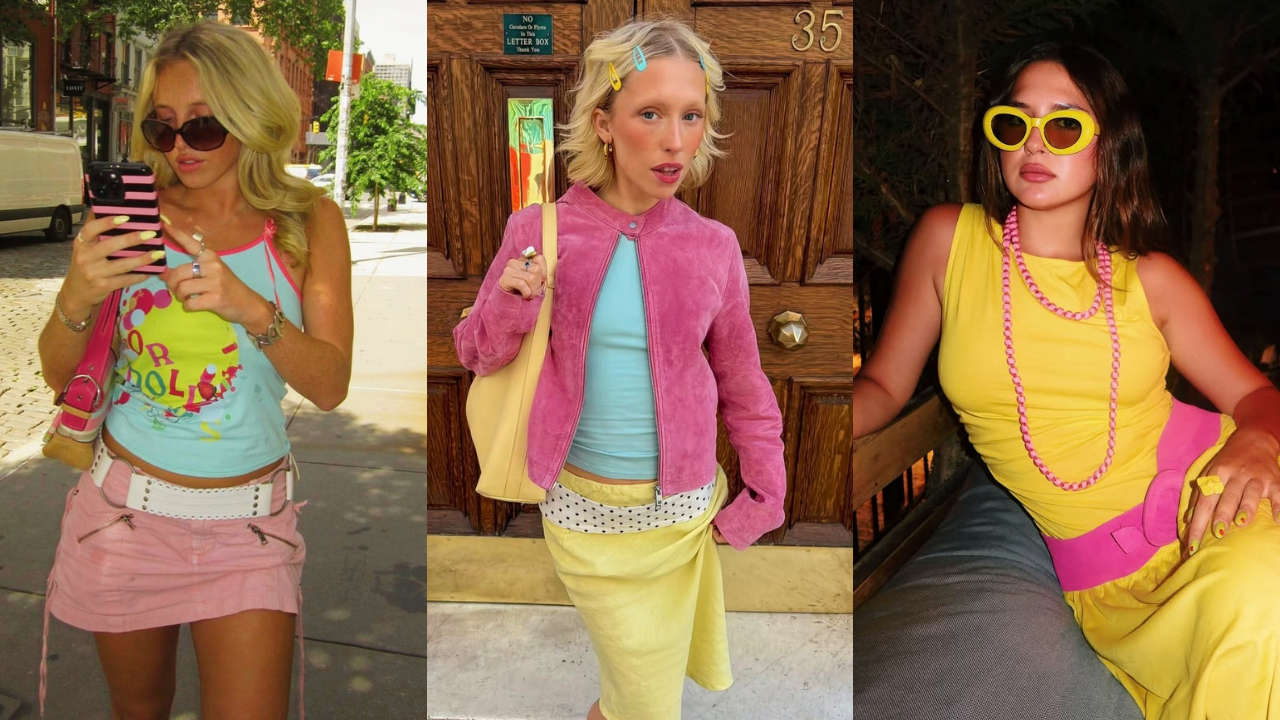 Três mulheres em poses distintas, vestindo roupas e acessórios coloridos em tons de rosa, amarelo e azul claro, com estilo Y2K
