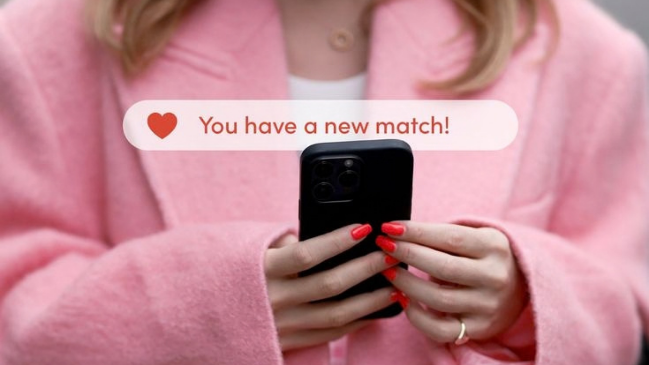 Mãos de uma mulher com unhas vermelhas segurando um celular preto. Uma notificação com um coração vermelho e o texto You have a new match! aparece sobre o aparelho. Ela veste um casaco rosa