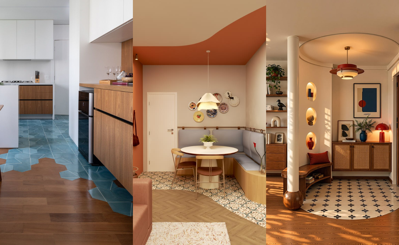Três ambientes internos com pisos e decorações distintas. À esquerda, cozinha branca e madeira com piso azul e marrom. No centro, sala de jantar com banco estofado cinza, mesa redonda, teto laranja e piso estampado. À direita, hall com nichos iluminados, aparador de madeira e piso com padrão geométrico em tons claros e escuros