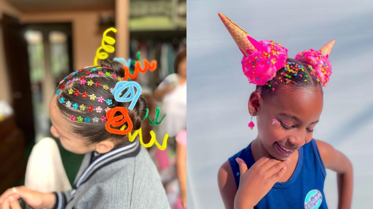 Duas meninas com penteados criativos: à esquerda, cabelo escuro com flores coloridas e espirais de chenille; à direita, menina negra sorrindo com coques de cabelo rosa decorados como sorvetes e confeitos coloridos