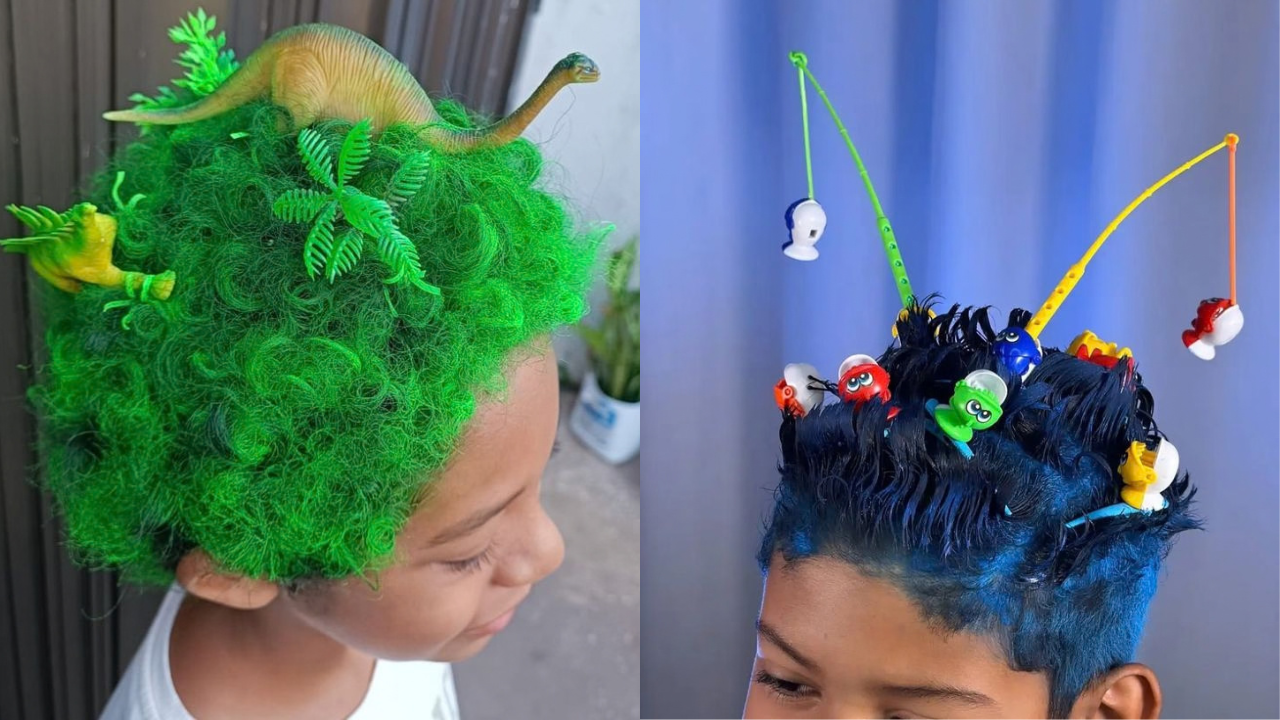 Dois meninos com cabelos estilizados para um dia de cabelo maluco. À esquerda, um menino com cabelo verde que simula uma floresta, com um dinossauro e plantas de plástico. À direita, outro menino com cabelo azul escuro, decorado com peixes coloridos e varas de pescar de brinquedo