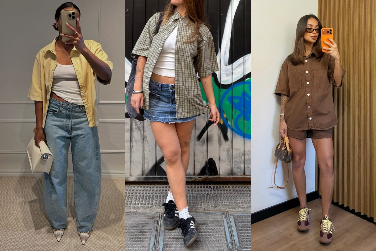 Três mulheres posam com camisas de manga curta abertas sobre regatas brancas. A primeira veste calça jeans larga e segura bolsa creme. A segunda usa minissaia jeans e tênis pretos. A terceira, de óculos escuros, veste conjunto marrom e segura bolsa pequena