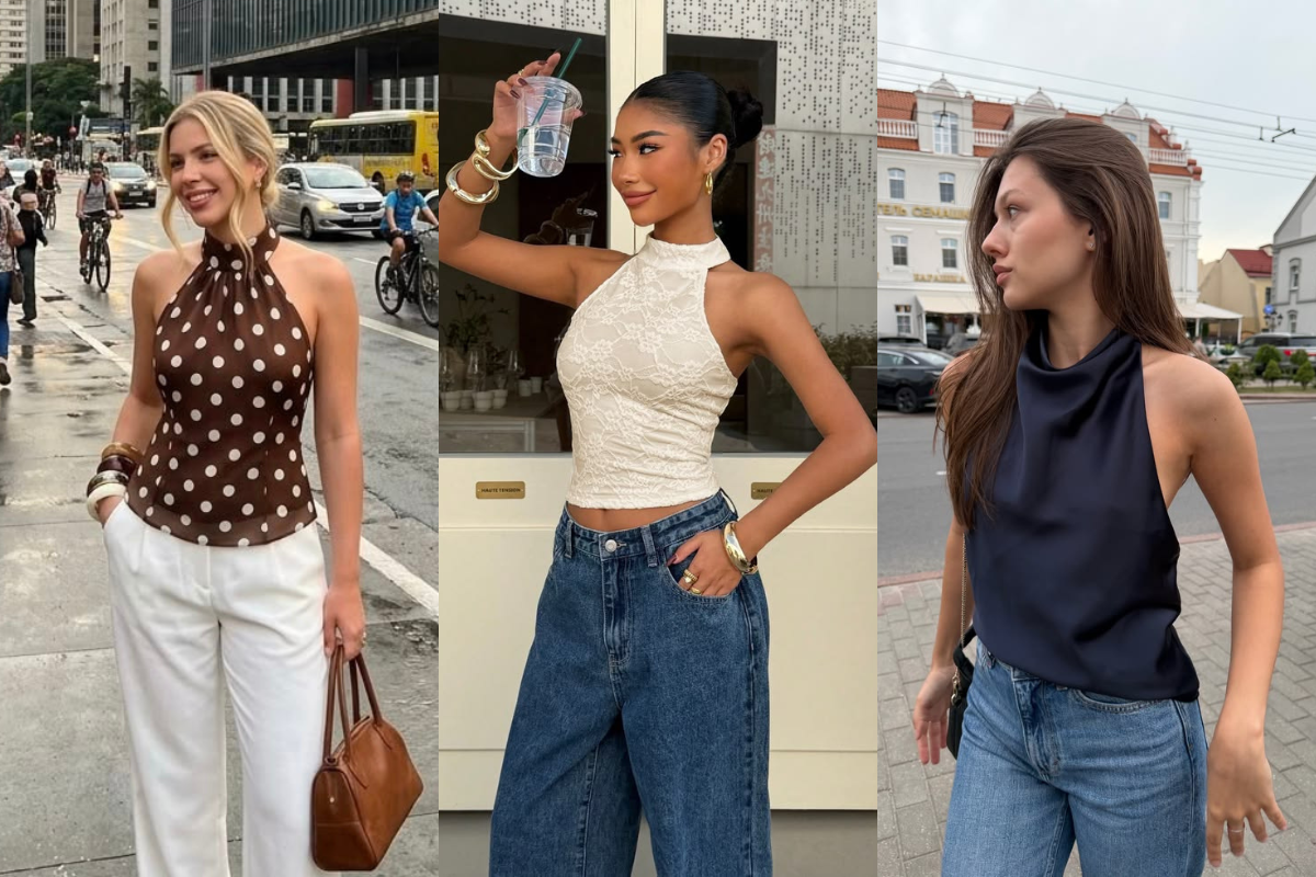 Três mulheres em ambientes urbanos, da esquerda para a direita: uma loira sorrindo com blusa marrom de bolinhas brancas e calça branca; uma asiática com coque, blusa de renda creme, calça jeans e copo na mão; uma morena com blusa azul-marinho e calça jeans olhando para o lado