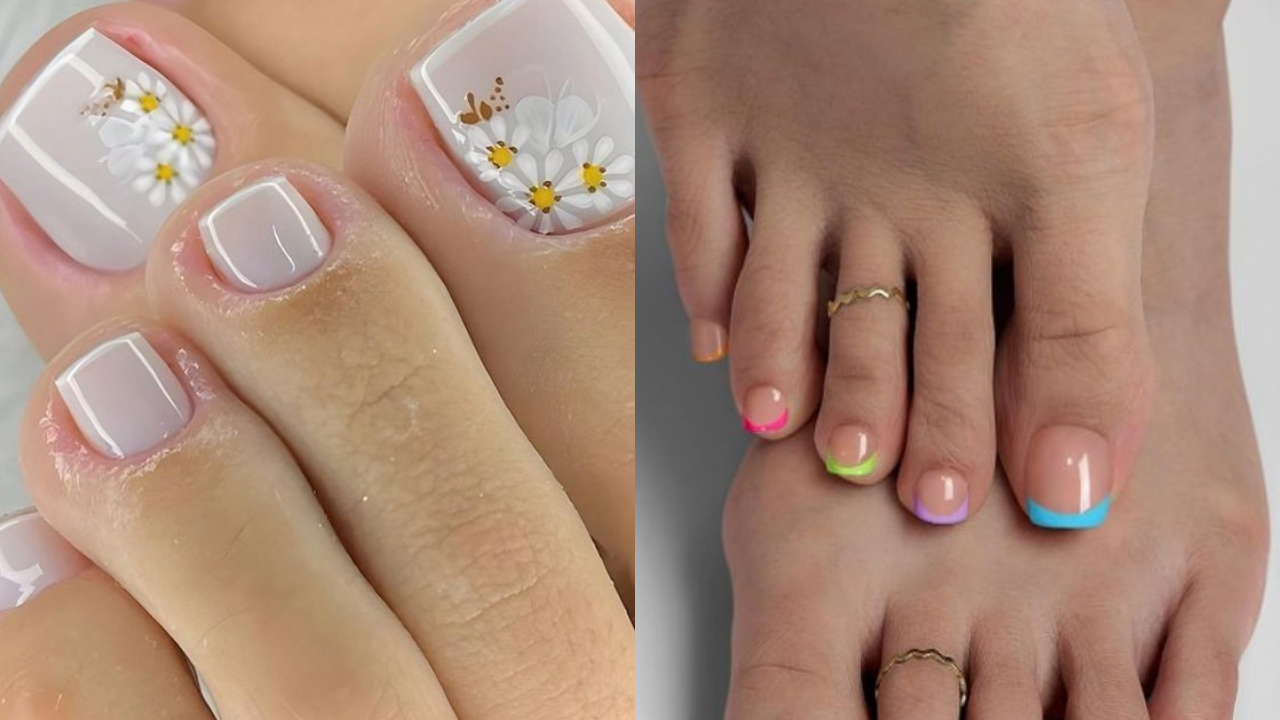 Dois pés com unhas decoradas: à esquerda, unhas dos pés com esmalte branco e margaridas desenhadas; à direita, unhas com francesinha colorida em tons neon e anéis dourados nos dedos