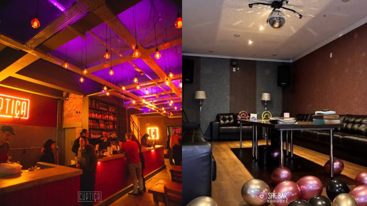 Duas imagens lado a lado. À esquerda, um bar com iluminação roxa, balcão vermelho e pessoas. À direita, uma sala de karaokê com sofás de couro, mesa central, globo espelhado no teto e balões no chão
