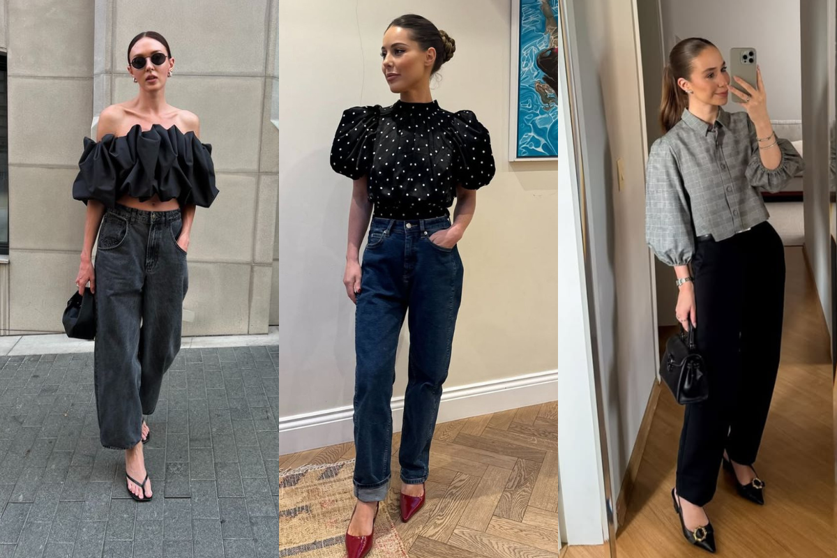 Três mulheres exibem looks com blusas de mangas bufantes. A primeira usa top preto ombro a ombro e calça jeans escura. A segunda veste blusa preta de bolinhas brancas e jeans escuro. A terceira, em selfie no espelho, usa camisa xadrez cinza e calça preta
