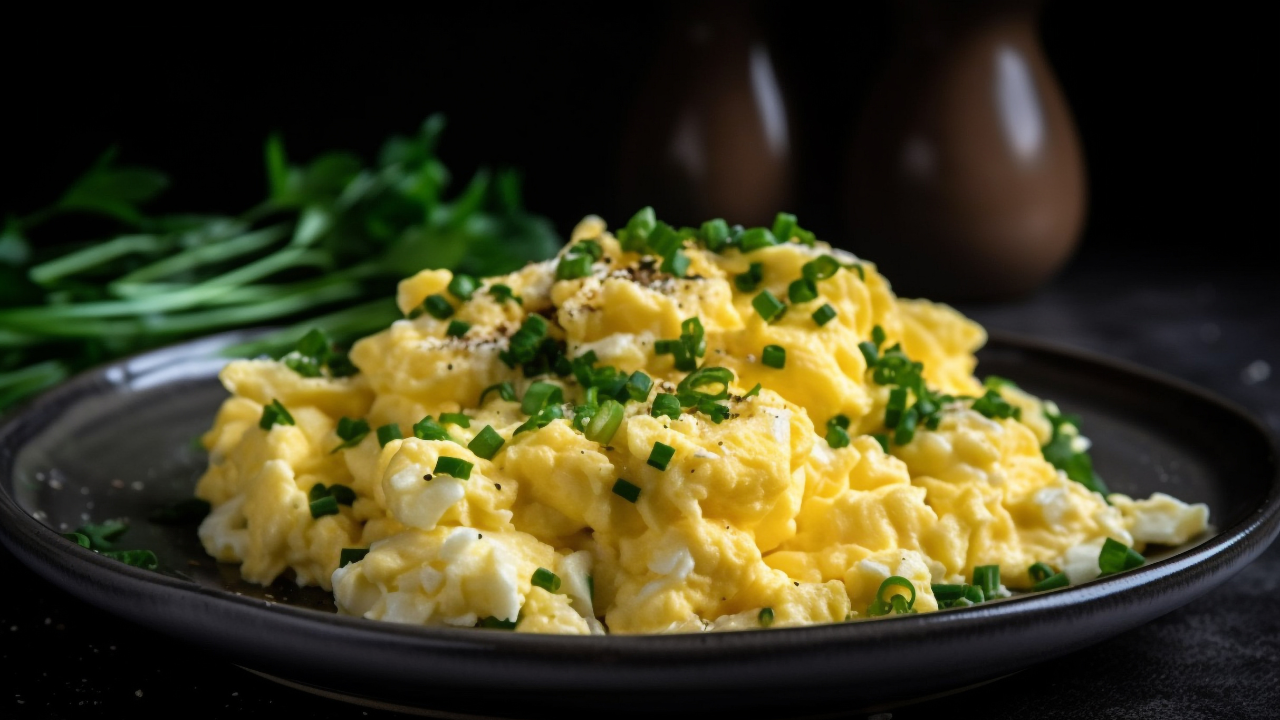 Ovos mexidos amarelos e brancos, salpicados com cebolinha verde picada e pimenta preta moída, servidos em um prato escuro. Ao fundo, salsa fresca e um saleiro e pimenteiro marrons desfocados, sobre uma superfície escura