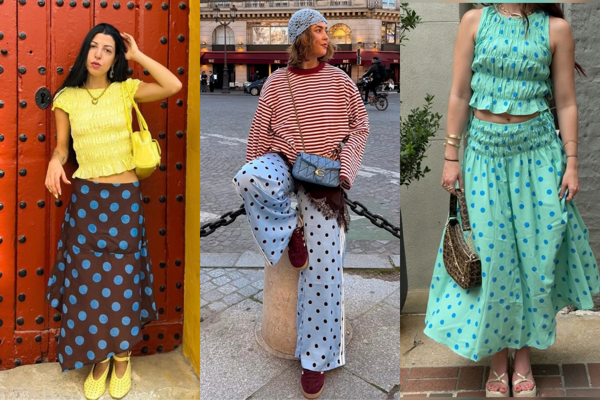 Três mulheres posam com roupas de bolinhas. A primeira usa blusa amarela e saia marrom com bolinhas azuis. A segunda, blusa listrada, calça azul com bolinhas pretas e gorro azul. A terceira, conjunto verde-água de blusa e saia com bolinhas azuis