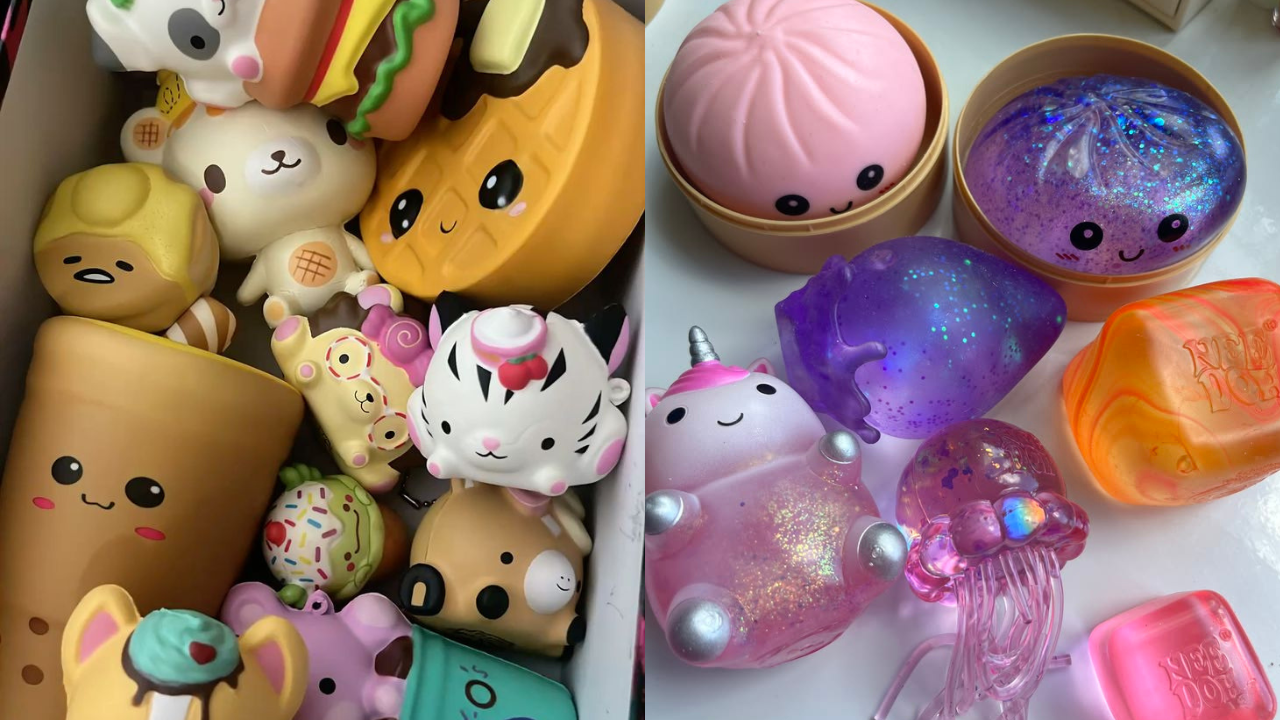 Uma coleção de brinquedos squishy e slime coloridos. À esquerda, squishies em formato de comida e animais, como um hambúrguer, um waffle, um urso branco, um ovo Gudetama, um copo de bubble tea e um gato listrado. À direita, slimes em potes de vapor, um roxo brilhante, um unicórnio rosa com glitter, uma água-viva transparente e blocos de slime laranja e rosa