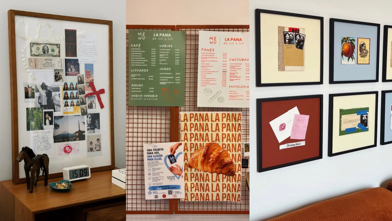 Três painéis decorativos: um quadro de fotos e lembranças em madeira, um mural de menus e anúncios de padaria em grade de metal, e uma parede com seis quadros de colagens artísticas