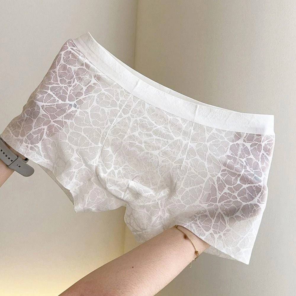Duas m&atilde;os seguram uma cueca boxer branca de renda com estampa de folhas, contra uma parede clara