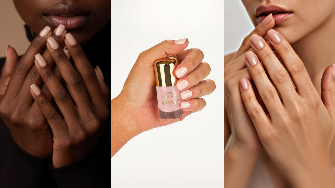 Três imagens lado a lado: à esquerda, mãos de pele escura com unhas pintadas de bege claro; ao centro, mão de pele clara segurando um esmalte rosa pálido com tampa dourada; à direita, mãos de pele clara com unhas pintadas de nude brilhante, perto dos lábios