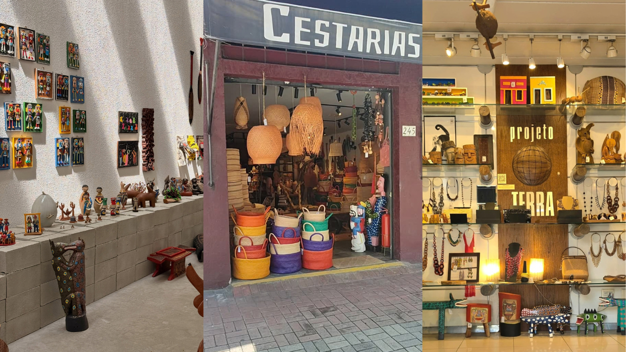 Três imagens lado a lado exibem artesanato brasileiro. À esquerda, uma parede branca com quadros coloridos e esculturas de barro. No centro, a fachada de uma loja Cestarias com luminárias de palha e cestos coloridos. À direita, uma vitrine com joias, esculturas de madeira e um painel Projeto Terra